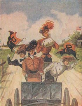 Featured is a postcard image of Princeton Cheerleaders, circa 1908, riding in a true horseless carriage.  The original (used and very worn) white-bordered postcard is for sale in the unltd.com Store.
